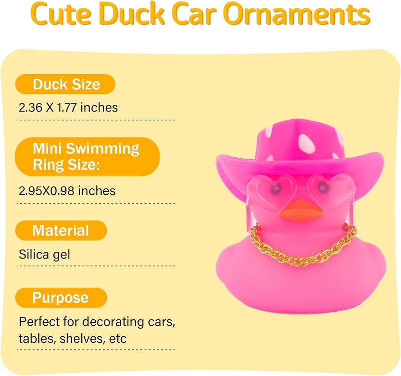 wonuu Car Cowboy Rubber Ducks, Dashboard Decorations Pink Duck for Car Ornament Accessories with Hat Heart Glasses Chain, Pink White - Image 3